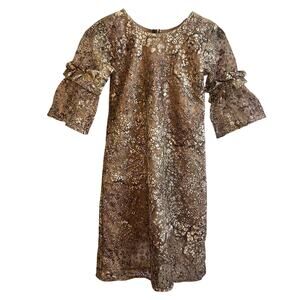 Vintage 60s Gold Metallic Lace Dress Bell Sleeve Girls 12/14 or Women XXS